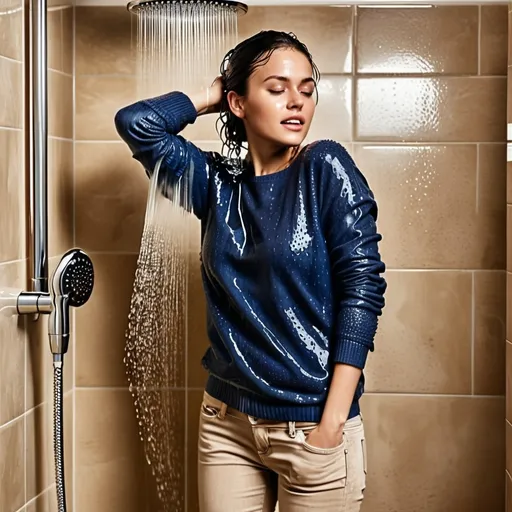 Prompt: photo of young woman, soaking wet clothes, brown boots, dark blue jeans, jean blouse and beige sweater,  , standing in the shower,   enjoying, water dripping from clothes, clothes stuck to body,  detailed textures of the wet fabric, wet face, wet plastered hair,  wet, drenched, professional, high-quality details, full body view.