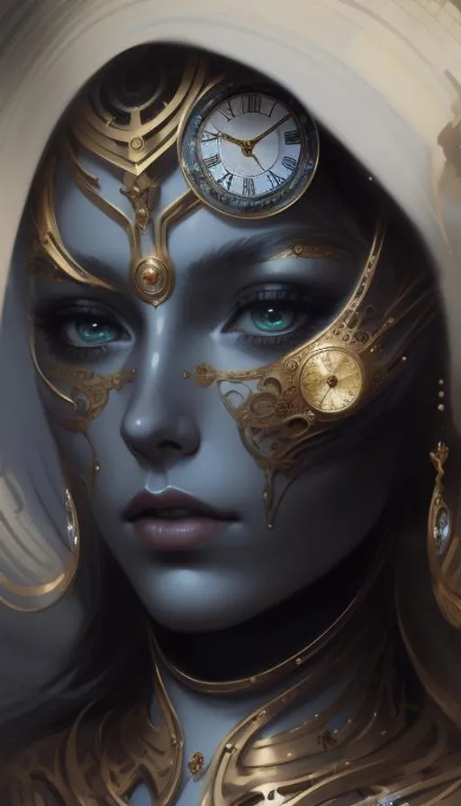 Prompt: the time goddess. She controls the time. stunning face. she is made of clock internal pieces.  Intricate metallic details. beautiful background. gerhartz, artgerm, rutkowski, van Gogh style 