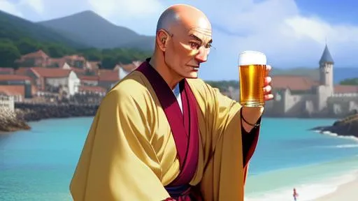 Prompt: {Patrick Stewart}, monk robes, drunk face, drinking beer, hypermaximalist, hyper realistic, anime, dramatic, digital painting, artstation, smooth, sharp focus, coastal medieval village, full body shot, high resolution, castle tavern, frank frazetta style art 