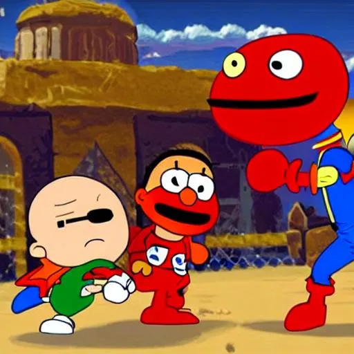 Prompt: Stewie Griffen fighting elmo in an MMA style boxing match in the middle of a desert with hyrule castle behind them