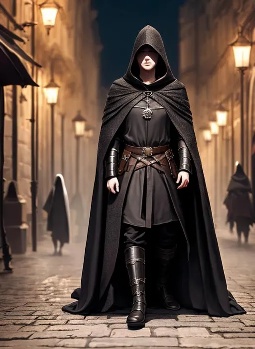 Prompt: Hooded man in a cloak holding poison, epic, dark fantasy, pose, 8k, HD, fur armor, full body, vibrant, high detail, cinematic, aesthetic, ethereal, smokey background, night, dark, crowded medieval city, city, shadows, market place, high quality, gritty, perfect face, high quality face 