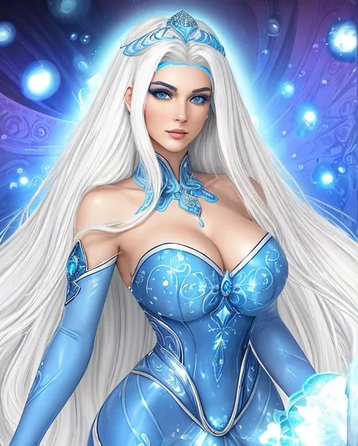 Prompt: A beautiful 15 ft tall 30 year old ((British)) Water elemental Queen with light skin and a beautiful face. She has long white hair  and white eyebrows. She wears a beautiful slim blue dress. She has brightly glowing blue eyes and water droplet shaped pupils. She wears a blue tiara on her head. She has a blue aura around her. She is standing at the beach. Beautiful scene art. scene. Full body art. {{{{high quality art}}}} ((goddess)). Illustration. Concept art. Symmetrical face. Digital. Perfectly drawn. A cool background.