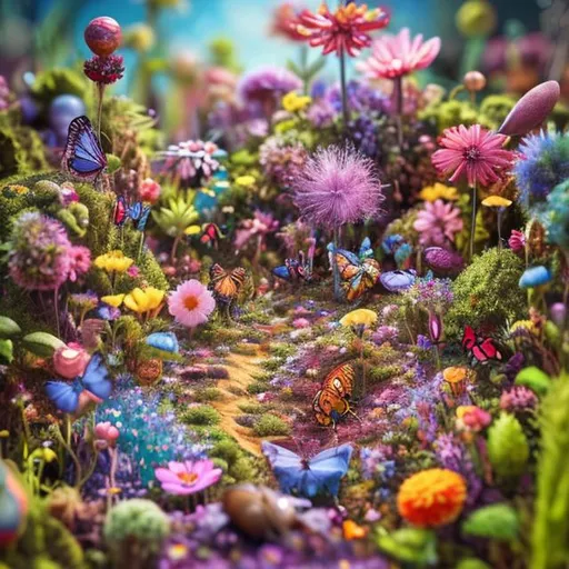 Prompt: a magical tiny world, in a field of flowers, butterflies and ants and other insects, hyperrealistic, vivid colours, very detailed, happy