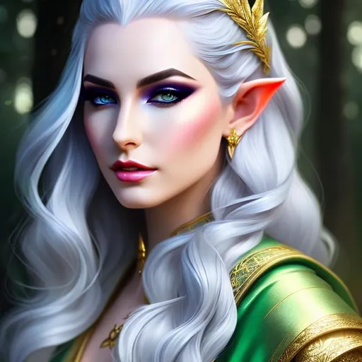 Prompt: DnD character portait, elven woman, elegant green silk robes, golden trim robes, magic, long silver hair, slicked back hair, golden banded hair, pointed face, beautiful face, pale skin, blue hour, night sky, forest trees, moonlight, full lips, featured on artstation, digital art, hyper detailed, realism, photorealism