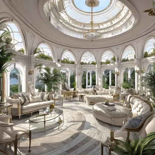 Prompt: a living room filled with lots of white furniture, glass dome, insanely detailed rendering, digitally painted, cartier, greenhouse, ancient roman style, inspired by Richard Gordon Kendall, curved hallways, radially symmetrical, by Judy Cassab, penthouse