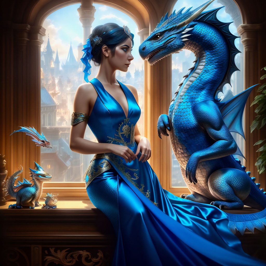 Prompt: ultra realistic illustration, a woman with a pet dragon in a blue dress standing in front of a window, dressed for a masquerade ball, advertising poster, highly detailed, digital painting, artstation, concept art, smooth, sharp focus, illustration, art by artgerm and greg rutkowski and alphonse mucha