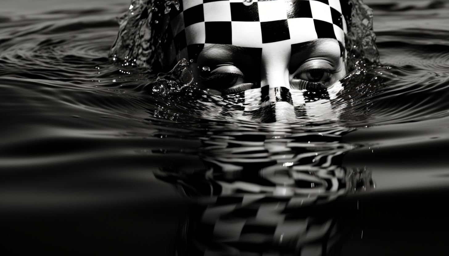 Prompt: a man is made up of water and a checkered pattern, in the style of vray, black and white mastery, flickr, igor zenin, high speed sync, sculptural figures, neogeo