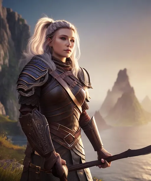 Prompt: Digital art, 20-year-old woman viking, dark purple hair, a single braid draping down the side of her right shoulder, subtle smile, black gear, gold armor, standing on the edge of a cliff, unreal engine 8k octane, 3d lighting, full body, full armor