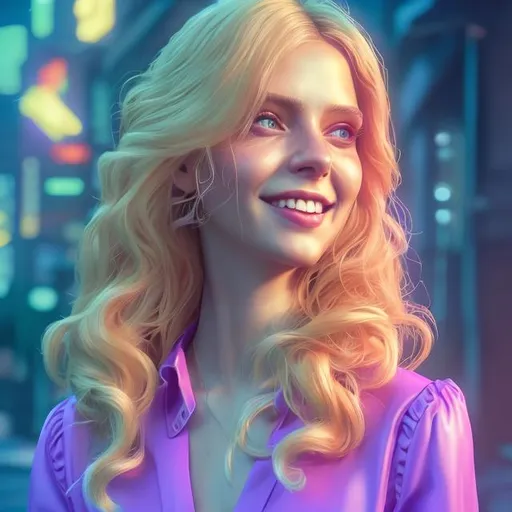 Prompt: handsome beautiful mid-twenties polish woman, long blonde hair,   smile, medium-tan skin, synthwave, dramatic, purple blouse, portrait, realistic details, photorealistic, 8k render, cinematic lighting,  ultra detailed