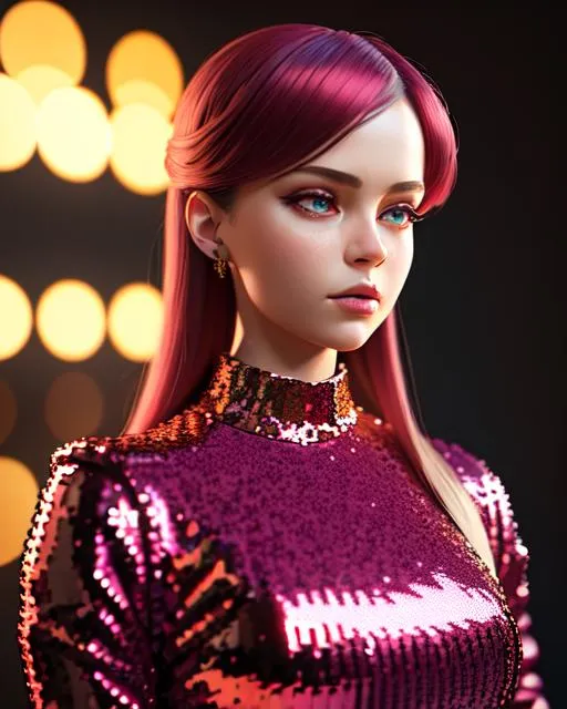 Prompt: ((Masterpiece)), ((Hyperdetailed)), Ultrarealistic, Portrait of a Female, 1girl, Fashion Portrait, Nordic, Close-Up Shot, Sequin Top in Maroon, Standing Pose, Low Angle Shot, Studio Lighting, Floral Background, Soft Shadows, Octane Render, Ray Tracing, Volumetric Shadows, 3D Modeling, Trending on Artstation.