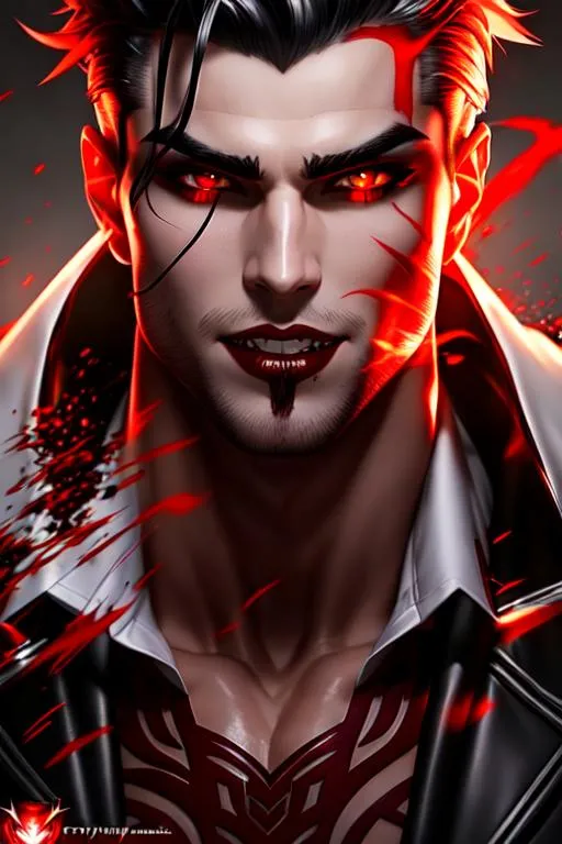 Prompt: ((best quality)) Splash art masterpiece of seductive masculine top-down crazy modern vampire man with ((hyperdetailed white silky hair)) and ((hyperdetailed bloodshot red eyes)) and beautiful hyperdetailed masculine attractive sharp face and nose and big lips, ((white skin)), red shy blush with grin, blood dripping down lips and body, red blood, backlit, ((intricately hyperdetailed yellow modern thin mesh suit)) with deep cleavage and visible abdominal muscles, abs, toned body, barely any clothing, mesh dress, ((seductive crazy grin face)), looking up at camera, standing jojo pose, looking down perspective, bokeh background, cinematic glamour lighting, backlight, action shot, intricately hyperdetailed, perfect face, perfect body, perfect anatomy, hyperrealistic, sharp focus, epic dark fantasy, glamour, volumetric studio lighting, triadic colors, occlusion, ultra-realistic, 3d lighting, beauty, sensual masculine romance, professional, sensual feminine, perfect composition, unreal engine 8k octane, 3d lighting, UHD, HDR, 8K, render, HD, trending on artstation, front view, (((huge breast))), ((sexy)) cleavage, fangs, Bride, Curse of Strahd, slutty, wounded, blood, vampire, fangs black leather, black latex