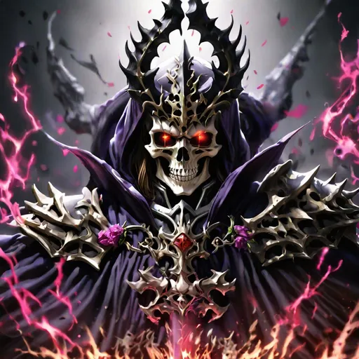 Prompt: overlord anime ainz ooal gown wears daedric armor and casts the ultimate spell, runes, overlord!!!, magic, dark, gloomy, portrait, character portrait, concept art, symmetrical, macro detail, realistic shadows, bloom, cosplay, anime, dviant art