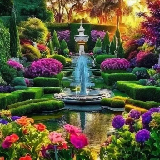 Prompt: beautiful stunning garden, serene, sunbeams, fountain, flowers, colors, vibrant, verdant, dreamy lighting, heavenly, unreal, magical