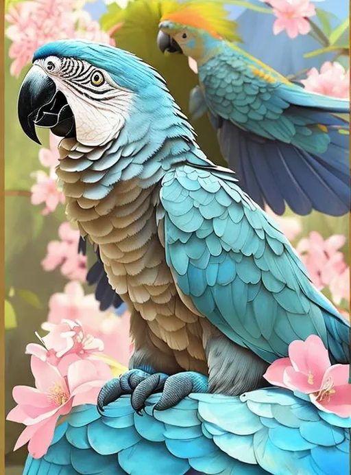 Prompt: Paint, a Blue Parrot surrounded with blossoms, concept art