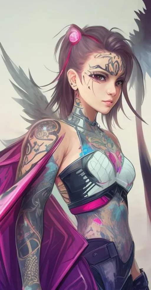 Prompt: beautiful female warrior with tattoos and wings with a cyberpunk background