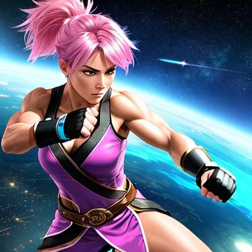 Prompt: bare handed warrior woman, fist fighting stance, beautiful, androgynous face, strong face, no weapons, space battle, dimension shattering sky, full body, short hair, pink sparkly hair, muscles