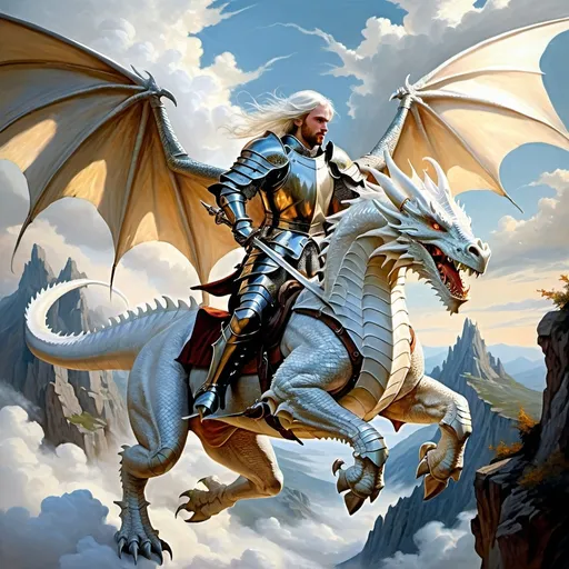 Prompt: Dragon rider Chivalric Knight in realistic oil painting, flying through the sky, majestic white dragon with vibrant white scales and fur, white ethereal wings, flowing white hair, fierce expression, mythical landscapes, high fantasy, oil painting, vibrant colors, epic scale, detailed armor, stunning face, atmospheric lighting, professional, highres, fantasy, oil painting, dragon rider, Chivalric Knight , flying, majestic, Dragon's face is bearded, ethereal, fierce expression, pale colors, high fantasy