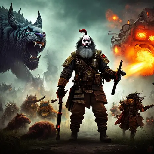 Prompt: One psychotic bearded clown standing with his giant guard sabertooth cat, surrounded an army of monsters, wounded, holding guns, hyperrealistic, dystopic, war, standing, explosions, alien invasion, dark, gritty, battlefield, ww3, robots, tanks, gun sword, battle scene,  dragons, severed heads