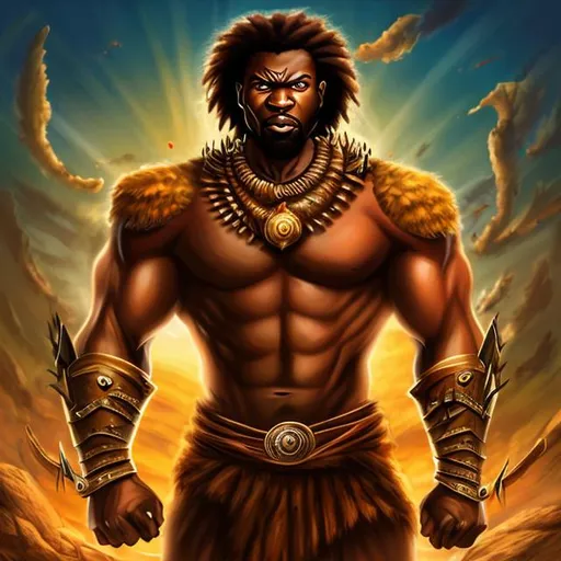 Prompt: half body portrait of a handsome  African warrior,  muscular with focused eyes, crouching in the middle of a Savannah , dramatic pose,  dramatic ,vibrant high contrast