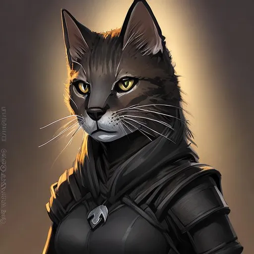 Prompt: A portrait of a female tabaxi wearing black clothes