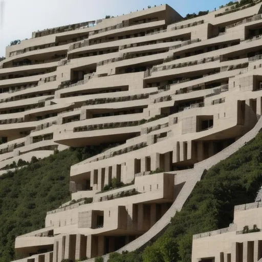 Prompt: a building with terraces on the side of a mountain, brutalist architecture