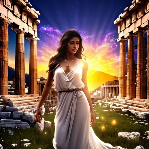 Prompt: HD 4k 3D 8k professional modeling photo hyper realistic beautiful woman ethereal greek goddess of simplicity
dark brown natural hair dark eyes gorgeous face black skin  shimmering simple dress full body surrounded by magical glowing light hd landscape background acropolis at athens with healing potions