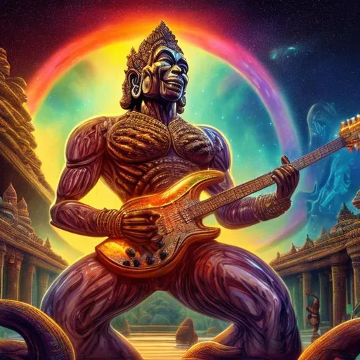 Prompt: wide view of an clear amber bodybuilding vishnu playing guitar at an exotic temple, tropical jungle background, galaxy sky, infinity vanishing point