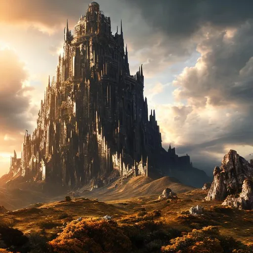 Prompt: giant tower, sunlight, mountain side, landscape, fantasy art, high detail, very realistic