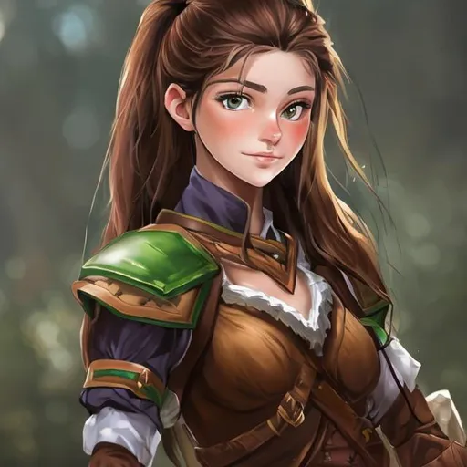 Prompt: Name :  Ludmila Zahradnik (18 y.o, 176 cm)


- Appearance:
Fair skin, brown eyes, chestnut (red-brown) color hair (tied ponytail)
(Her everyday attire is green and simple, not going into details because I care more about her armor)


- General Role: Frontier Noble (Ranger)
(She's a fighter and leader first)


- Armor and Weapon:
- Helmet -
A silver circlet as a headgear.
Cowl.
No bevor (chin guard), no helmet.

- Chest Plate -
Chestplate and backplate connect.
A corset wrap around the abdomen.
Low neck guard.
Black bodysuit underneath.

- Arm Guard -
Light pauldrons.
Flexible elbow joints.
Gauntlets and wrist guard fully cover hand.

- Legging -
Thigh-high boots with stockings.
Flexible metal shoes.
Armored foreleg, knee, hip with tassets.
White pleated skirt with black lace (thigh drape)

- Weapon -
'Holy' Glaive

- Accessory -
Two different rings.
Hairpin.
Ear Cuff.
Amulet.


- General Detail of Note
Mainly white/silver armor with black trims.
Based off of Common Calvary (light bottoms).
Expose little beside head & thighs.