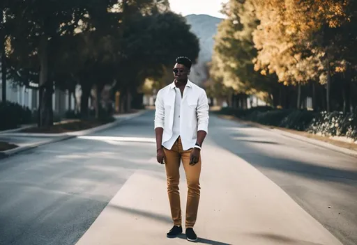 Prompt: doug dubois young man in the road (color) trees street jeans (natural) cotton 