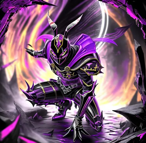 Prompt: Horror, Scary, Ominous, Sinister, freeform dark chaos epic bold, 3D, HD, {one}({liquid metal {Man}Rabbit dressed in Ninja outfit} with {purple gold pink green red silver blood}ink), expansive psychedelic background --s99500