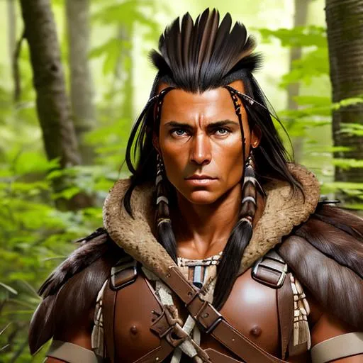 Prompt: portrait of human male Tanned skin, dark hair and eyes resemble Native Americans in appearance.

with mohawk
(Ranger hunting ),wearing basic leather armor with rustic camouflage details including leaves.  , Forest background, D&D setting, perfect composition, hyperrealistic, super detailed, 8k, high quality, trending art, trending on artstation, sharp focus, studio photo, intricate details, highly detailed, by greg rutkowski and alphonse mucha