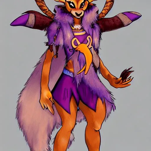 Prompt: an anthro anthropomorphic furry fursona hybrid of a goat, sunset colors, award winning digital art, trending on furaffinity, artstation, pixiv, anime, satyr, fawn, bipedal, two legs, purple, full body 