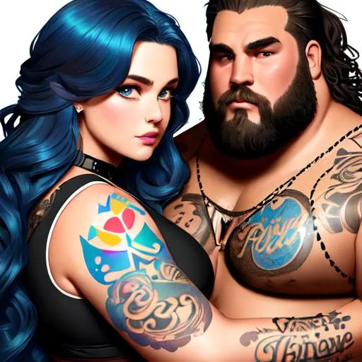 Prompt: Professional painting of (((grungy heavyweight man and heavyweight woman, round faces, chubby faces))), ((blue long wavy hair for woman)), ((brown long wavy hair for man)), tattoos, collar, 80's aesthetic, Disney, pixar, (rainbow), space, high detail, intricate, elegant, sharp focus, by Jeremy Mann, Rutkowski, and other Artstation illustrators, intricate details, face,  full body portrait, headshot, illustration, UHD, 4K