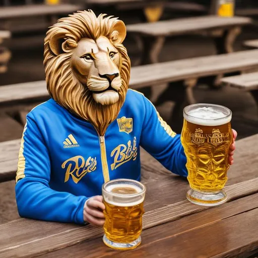 Prompt: a smiling lion sits at a picnic table wearing a royal blue and gold track suit with larger stein of beer in a beer garden with friends looking at a smart phone 