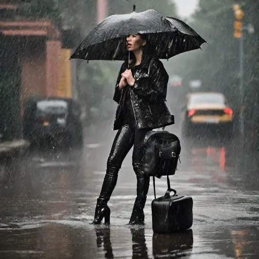 Prompt: girl which is with leather jacket and pants black leather crocodile Backpack is in heavy rain with Very intensive showering