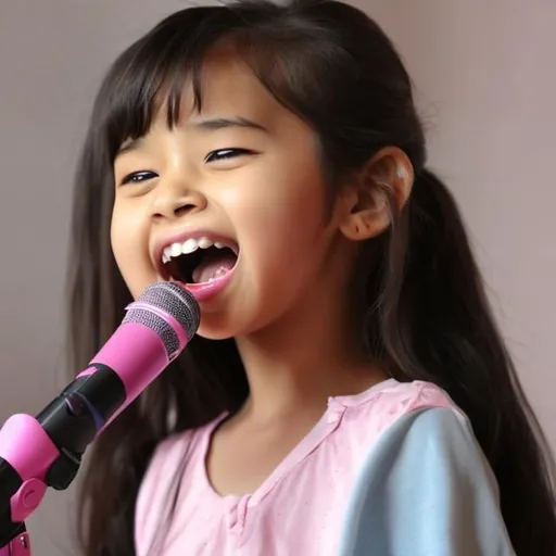 Prompt: A 7 years girl is singing