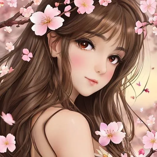 Prompt: light brown hair, brown eyes, heart shaped beauty mark on left cheek, fairy goddess, cherry blossom flowers, butterflies, fairy goddess, closeup