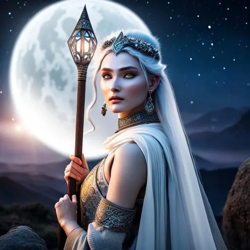 Prompt: Gray skin, Ethereal woman with gray skin, bright blue eyes, and dark purple hair wearing simple shaman clothing, holding wooden staff with a glowing moonstone on top, looking up at the night sky, fantasy, dnd, magical, mystical