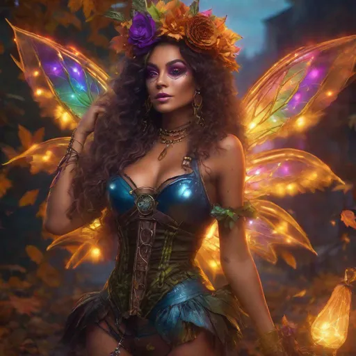 Prompt: Dynamic. Cinematic. Shes a beautiful, ((colorful)), Steam Punk, cannabis, witch. (spectacular), Winged fairy, with a skimpy, ((colorful)), sheer, flowing outfit, on a Halloween night. ((Wide angle)). Detailed Illustration. 8k.4k. Full body in shot. Hyper realistic painting. Hyper realistic photo. A ((beautiful)), shapely, woman with, {{{{anatomically real hands}}}}, and ((vivid)) colorful, ((bright)) eyes. Sony a7 IV. ((Thea Render)). Concept art
