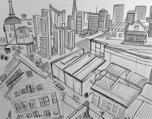 Prompt: make a cityscape pencil drawing from top view which contains and are labeled as, houses, residential area, church, wet market, municipality, mall, powerplant, electricity substations, school, energy resources, and a distribution line
