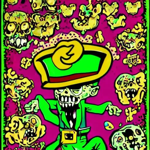 Prompt: Zombie leprechaun bloody teeth dripping of blood dressed in green and gold looking at a bowl of lucky charms disgusted psychedelic acid trip 90s cartoon style 