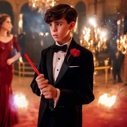 Prompt: Boy in a tuxedo casting a magic spell with his magic wand shaped like a stick about 3 inches long and standing next to his girlfriend who is in a big red puffy sparkly ball gown at prom