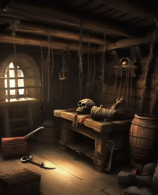 Prompt: There is a pirate in the basement.
(The pirate is a metaphor but also still a person.)
(The basement could rightly be considered a dungeon.)
The pirate was placed here for numerous acts of a piratey
nature considered criminal enough for punishment by those
non-pirates who decide such things.