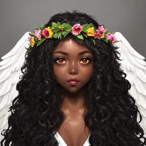 Prompt: Girl, Long curly hair, black eyes, black skin, angel wings, flower crown 