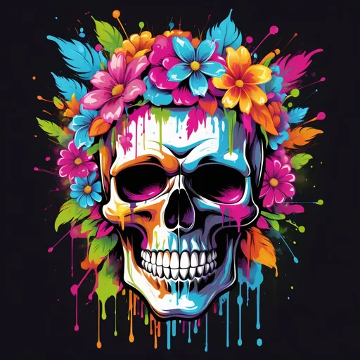 Prompt: Colorful graffiti illustration of a skull with flower headdress, paint splashes, vector t-shirt art, black background