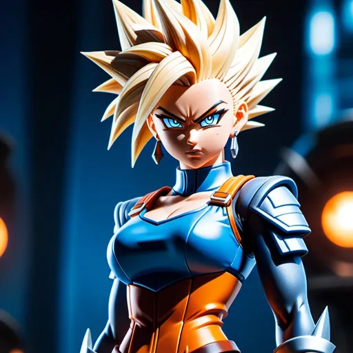 Prompt: Anime illustration of a solo woman with blonde hair and blue eyes, wearing a Victorian cyberpunk outfit in Dragon Ball Super style, standing with a frown and intense gaze, super saiyan inspired spiked hair, detailed earrings, focused on the viewer, full body view, highres, ultra-detailed, anime, cyberpunk, Victorian, super saiyan, detailed eyes, intense gaze, blonde hair, blue eyes, spiked hair, Victorian cyberpunk outfit, earrings