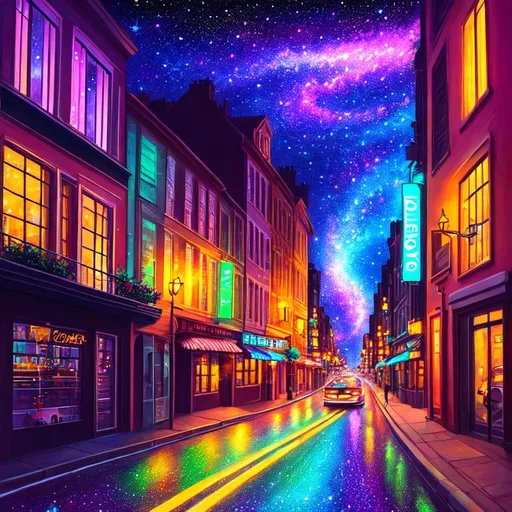 Prompt: a painting of a cat, city street background, galaxy sky, nighttime, soft light, art, cars with light trails, fireflies, vaporwave