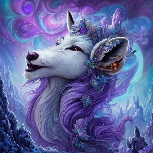 Prompt: masterpiece:1.5, detailed oil painting, insanely detailed, Best Quality:1.5) insanely beautiful wise vixen fox, ageless, ice elemental, lavender pelt, (veiled in auroras), psychedelic colors, (calm hypnotic eyes gleaming amethyst-violet), calm regal smile, stands majestically on a celestial mountain, gorgeous frosted silver mane, insanely detailed fur, insanely detailed eyes, insanely detailed face, slender, (magic violet highlights in fur), crackling lightning, ice storm, (lightning halo), tilted halo, lightning charged atmosphere, enchanting moonlight beaming through clouds, 64K