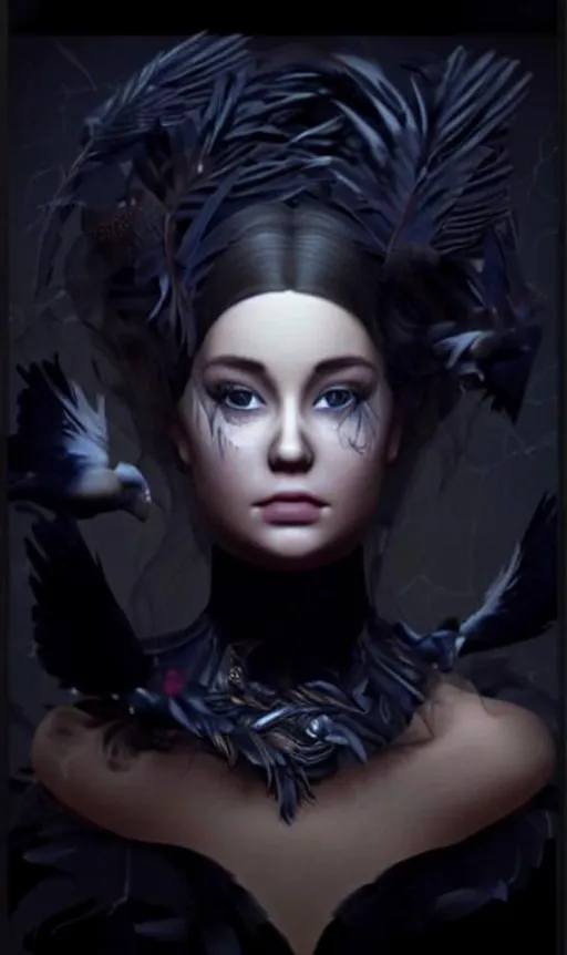 Prompt: Centered portrait of a beautiful, young, princess. The princess has pale, blonde flowing hair. She is wearing a crown of black feathers. There are 3D photorealistic crows happily flying around her. 3D physically realistic rendering. 